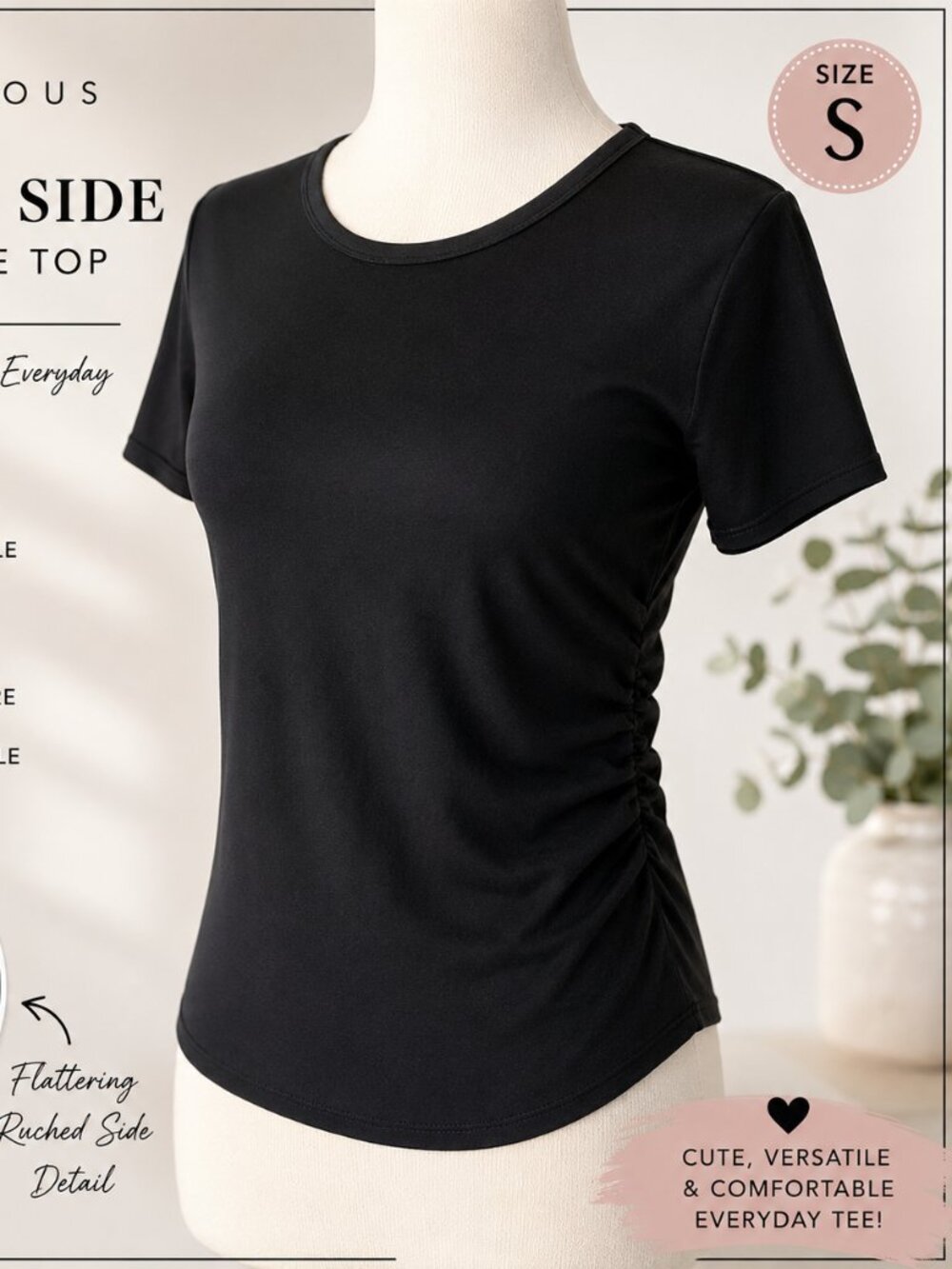 Yogalicious Black Ruched Side Stretch Tee Top Athleisure Work | Size Small